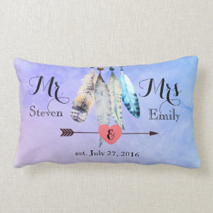 Coussin Rectangle M. et Mme Mariage Date Aquarelle plumes
