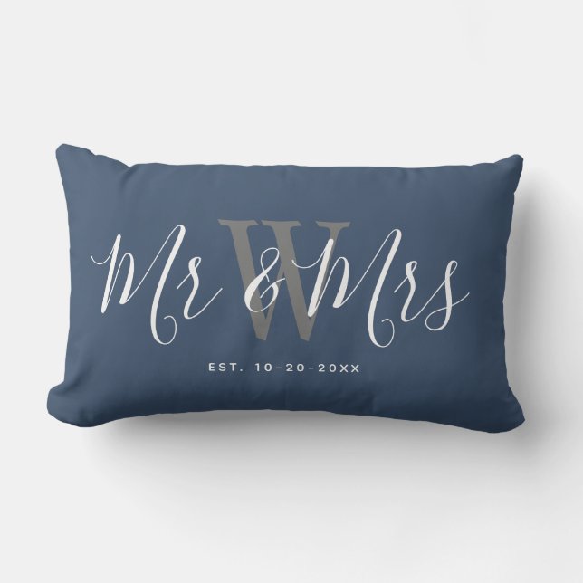 Coussin Rectangle M. Et Mme Newlyweds Navy Monogramme Bleu (Recto)