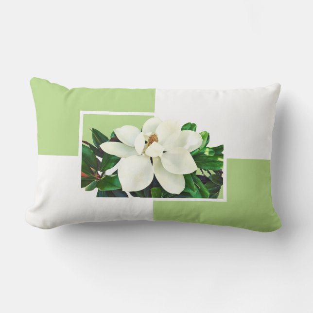 Coussin Rectangle Magnolia Bloom | Vert et jaune réversible (Recto)