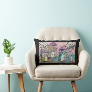 Coussin Rectangle Maisons Tropicales Palmiers Blancs