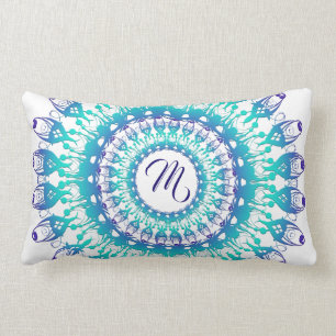 Coussin Rectangle Mandala turquoise ethnique. monogramme