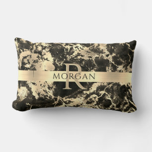 Coussin Rectangle Marbre Noir+Or, Bande Or, Nom+Monogramme, Vs3