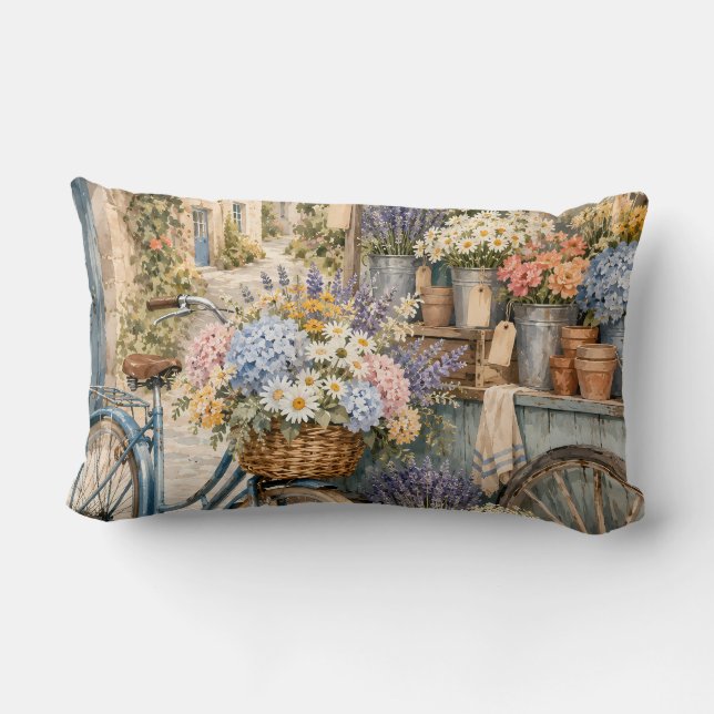 Coussin Rectangle Marché de fleurs Bloomcore avec bicyclette (Verso)