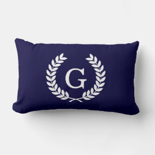 Coussin Rectangle Marine Blue What Blé Laurel Wreath Initial Monogra