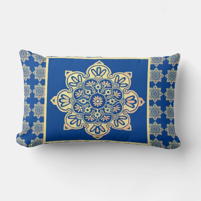 Coussin Rectangle Médaille Boho d'oreiller, or sur bleu (Recto)