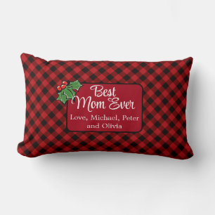 Coussin Rectangle Meilleure maman de Noël classique Red Plaid Holly