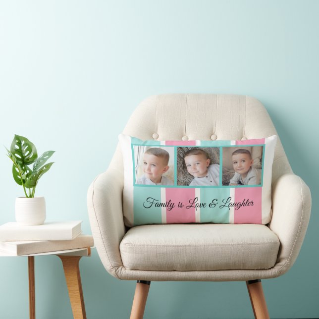 Coussin Rectangle Mint rose et blanc photo collage famille rayé (Chaise)
