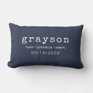 Coussin Rectangle Moderne Nom Personnalisé Date de Naissance Bleu