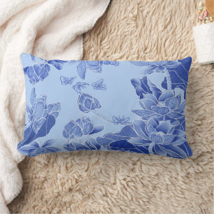 Coussin Rectangle Moderne Rétro Chinoiserie Bleu Lotus Mandala