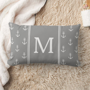 Coussin Rectangle Monogramme Ancres Gris et Blanc