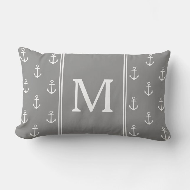Coussin Rectangle Monogramme Ancres Gris et Blanc (Recto)