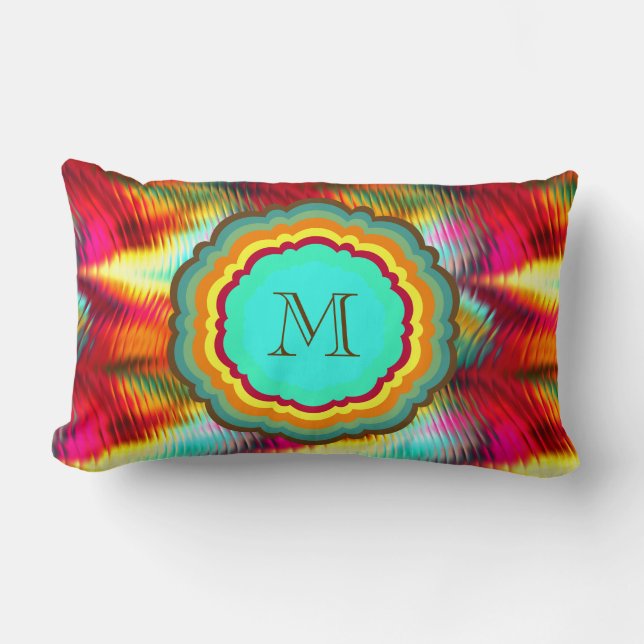Coussin Rectangle Monogramme arc-en-ciel funky et vibrant (Recto)