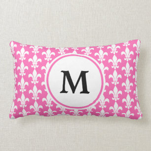 Coussin Rectangle Monogramme Blanc et rose chaud Fleur de Lis Motif