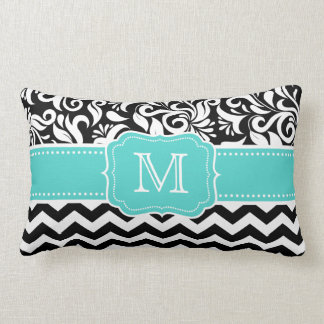 Coussin Rectangle Monogramme blanc noir vert turquoise de damassé de
