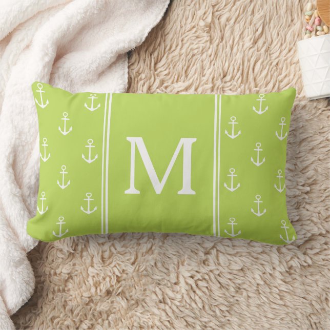 Coussin Rectangle Monogramme d'ancres vert feuille de palmier et bla (Couverture)