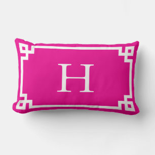 Coussin Rectangle Monogramme de clé grecque rose et blanc chaud