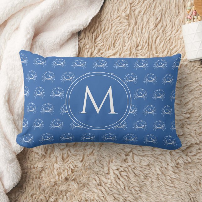 Coussin Rectangle Monogramme de crabes bleus et blancs côtiers (Couverture)