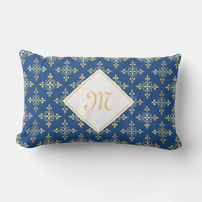 Coussin Rectangle Monogramme de luxe Blue et Gold Quatre Floral (Recto)