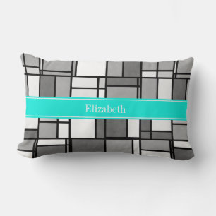 Coussin Rectangle Monogramme de nom aqua inspiré de Mondrian blanc g