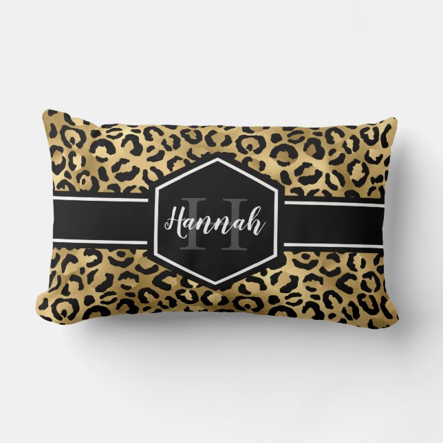 Coussin Rectangle Monogramme de points de léopard noir or (Recto)