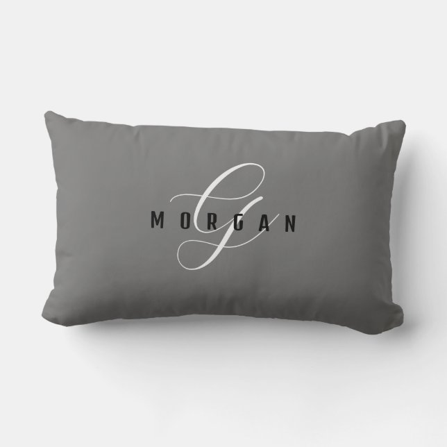 Coussin Rectangle Monogramme élégant blanc écriture & nom noir, Gris (Verso)