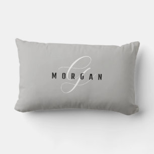 Coussin Rectangle Monogramme élégant blanc écriture & nom noir sur g