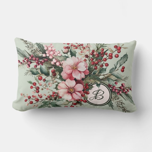 Coussin Rectangle Monogramme élégant floral aquarelle Noël rose (Recto)