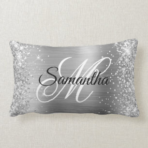 Coussin Rectangle Monogramme fantaisie pailleté argent et satin bril