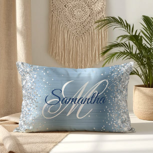 Coussin Rectangle Monogramme fantaisie pailleté argenté et bleu clai