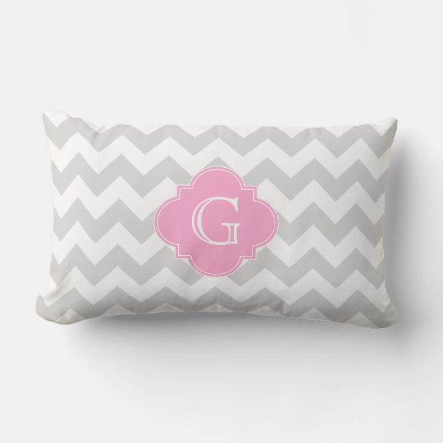 Coussin Rectangle Monogramme gris clair blanc Chevron rose Quatrefoi (Recto)