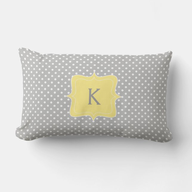Coussin Rectangle Monogramme gris et jaune de point de polka (Recto)