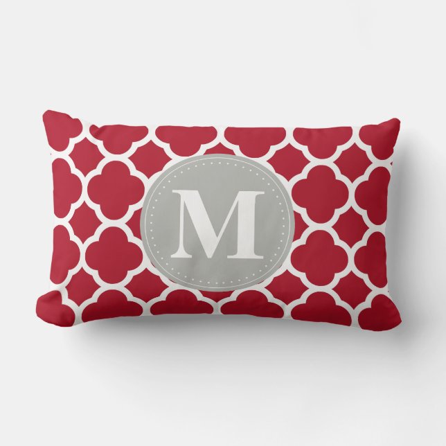 Coussin Rectangle Monogramme gris Motif Quatrefoil rouge (Recto)