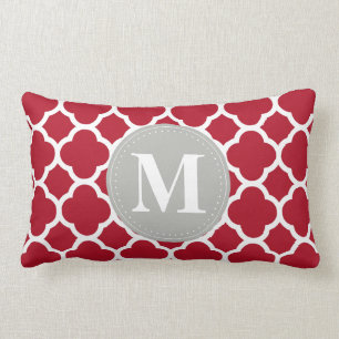 Coussin Rectangle Monogramme gris Motif Quatrefoil rouge