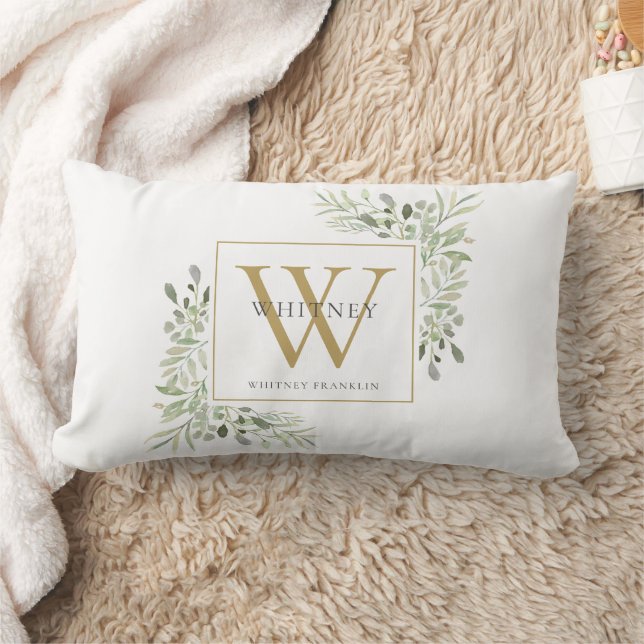 Coussin Rectangle Monogramme Initial Doré Floral Moderne de Verdure (Couverture)