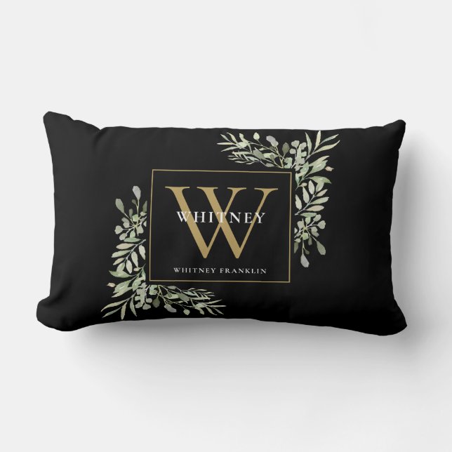 Coussin Rectangle Monogramme Initial Doré Floral Végétal Moderne Noi (Recto)
