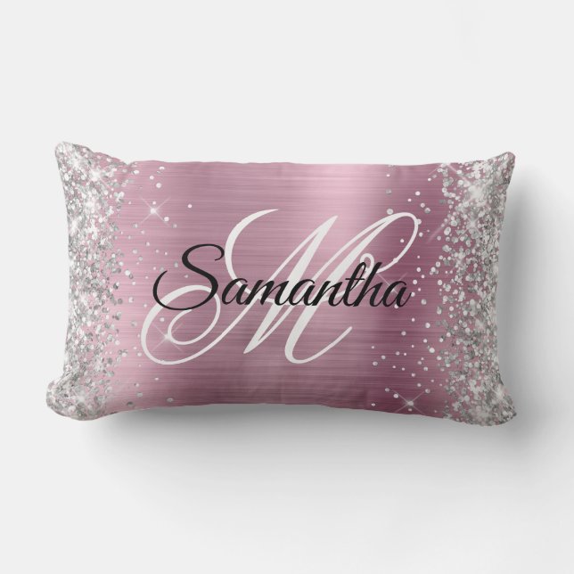 Coussin Rectangle Monogramme joli rose pailleté argent (Recto)