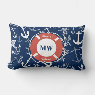 Coussin Rectangle Monogramme Marin Motif Ancre Bleu Marine