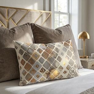 Coussin Rectangle Monogramme Moderne en Marbre et Or Abstrait