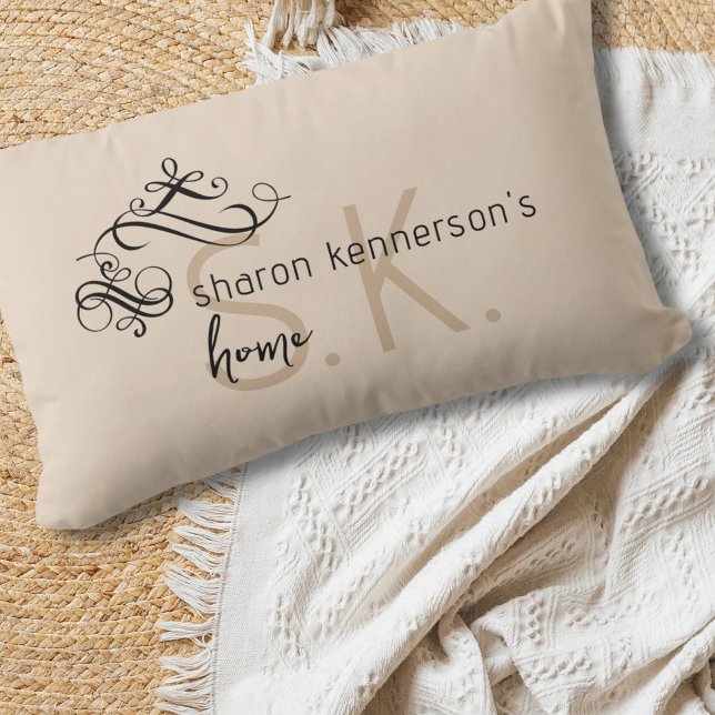 Coussin Rectangle Monogramme Nom Élégant Décor intérieur Kaki Lumbar (Créateur téléchargé)