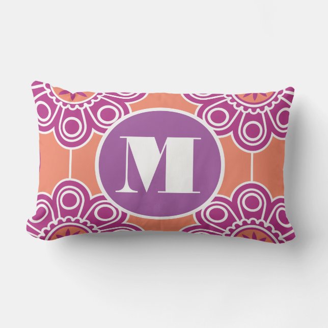 Coussin Rectangle Monogramme Peach rose violet moderne Fleur Florale (Recto)