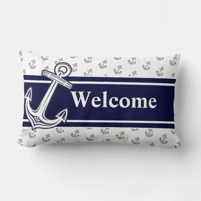 Coussin Rectangle Monogramme personnalisé Ancre marine Bleu blanc (Recto)