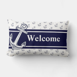 Coussin Rectangle Monogramme personnalisé Ancre nautique bleu marine