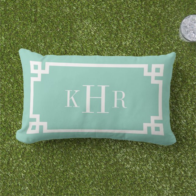 Coussin Rectangle Monogramme personnalisé de la bordure de clé grecq (Herbe)