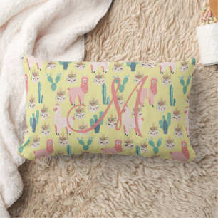 Coussin Rectangle Monogramme Pink Yellow Llama Nursery pour elle