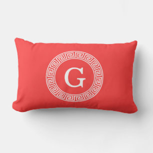Coussin Rectangle Monogramme principal grec blanc rouge de corail