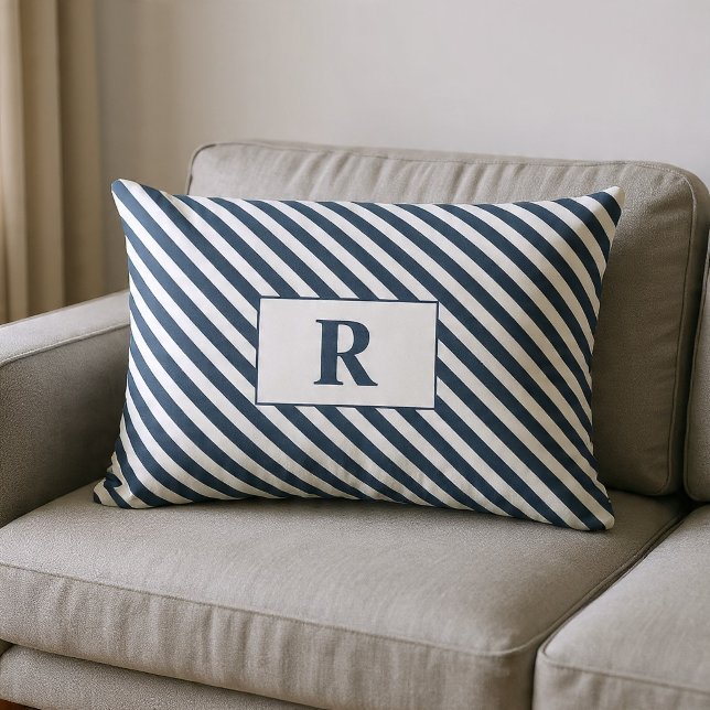 Coussin Rectangle Monogrammé rayures bleues et blanches (Créateur téléchargé)