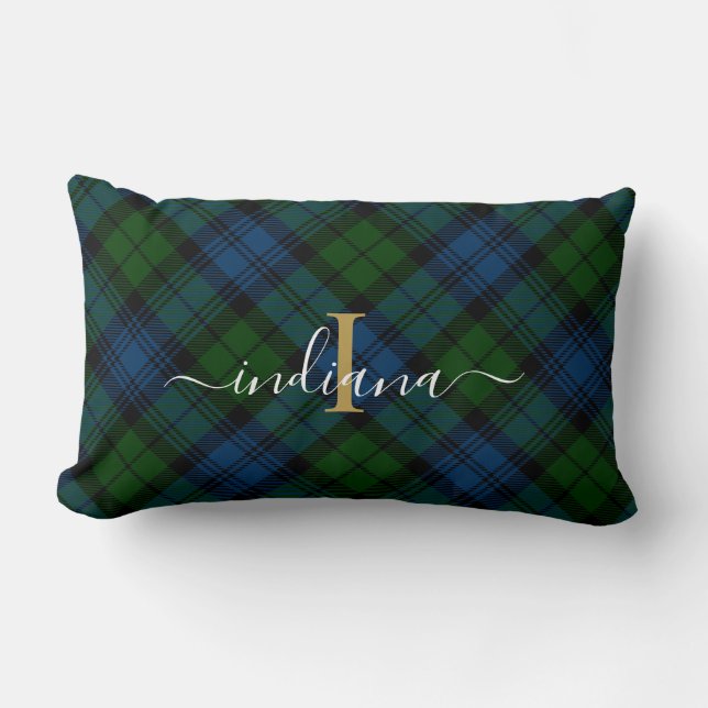 Coussin Rectangle Monogramme Script plaqué Tartan Campbell Militaire (Recto)