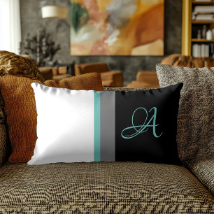 Coussin Rectangle Monogrammed Teal Gray Black Striped