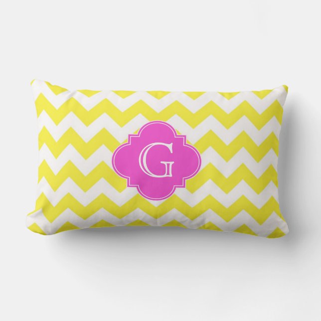 Coussin Rectangle Monoram en Quatrefoil rose chaud de Chevron jaune (Recto)