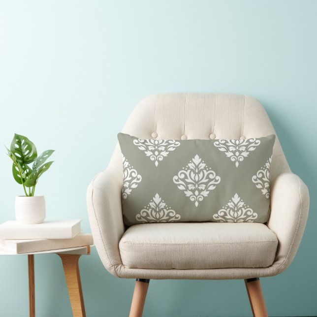 Coussin Rectangle Motif damassé à volutes (B) blanc sur vert (Chaise)